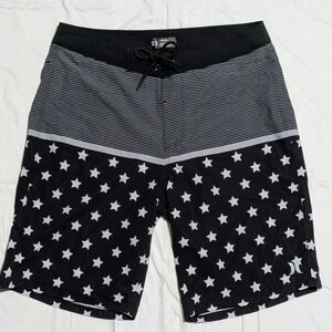 Hurley Shorts Board Shorts Swim Blk White Stars Stripe 10" Inseam Sz 32 Like New